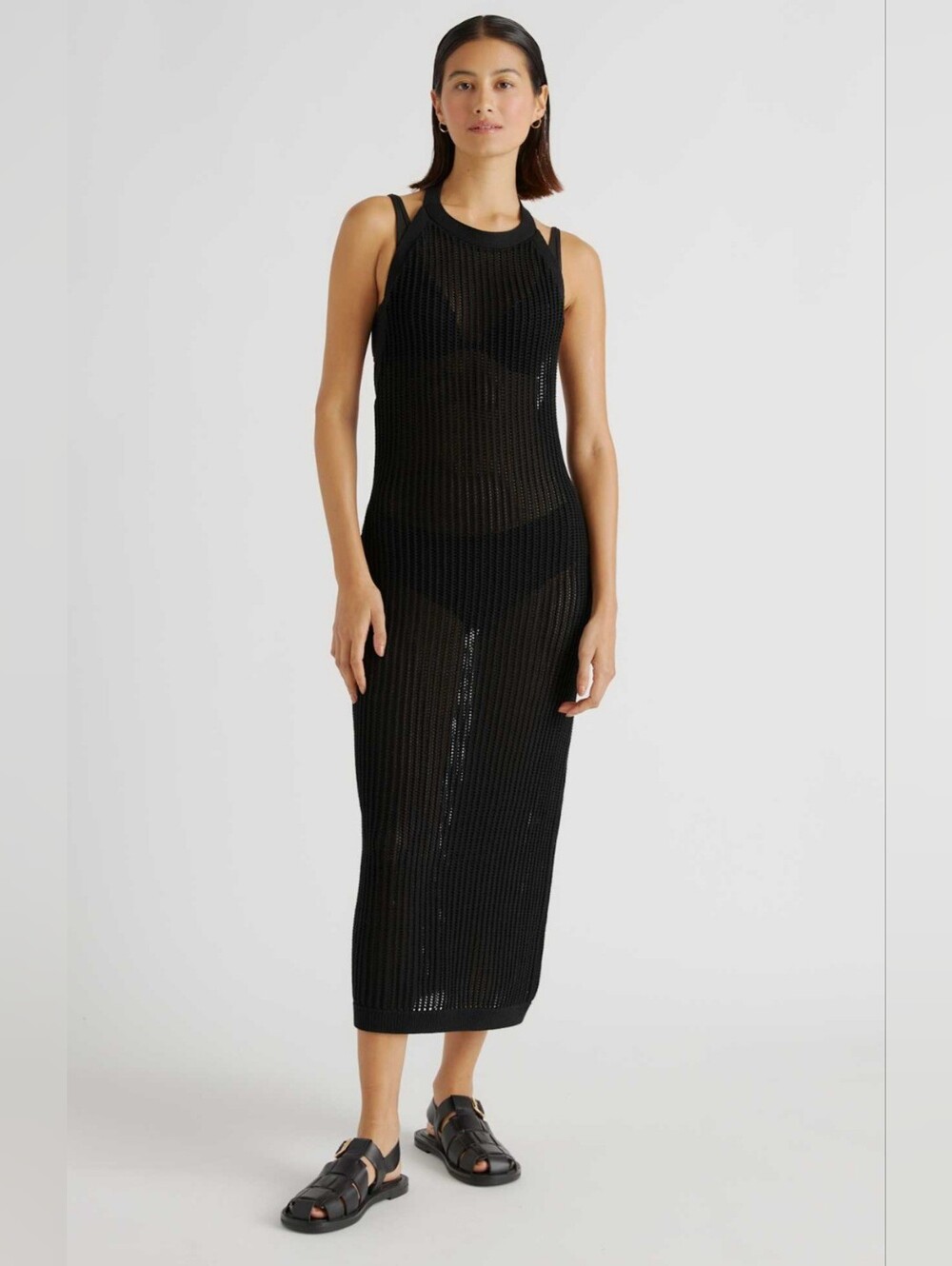 Tahari Knit Halter Dress, Size XS, Black, Open Weave, Coverup